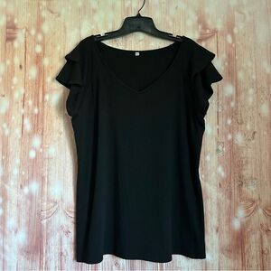 Unbranded Black Ruffle Sleeve V Neck Stretch T Shirt